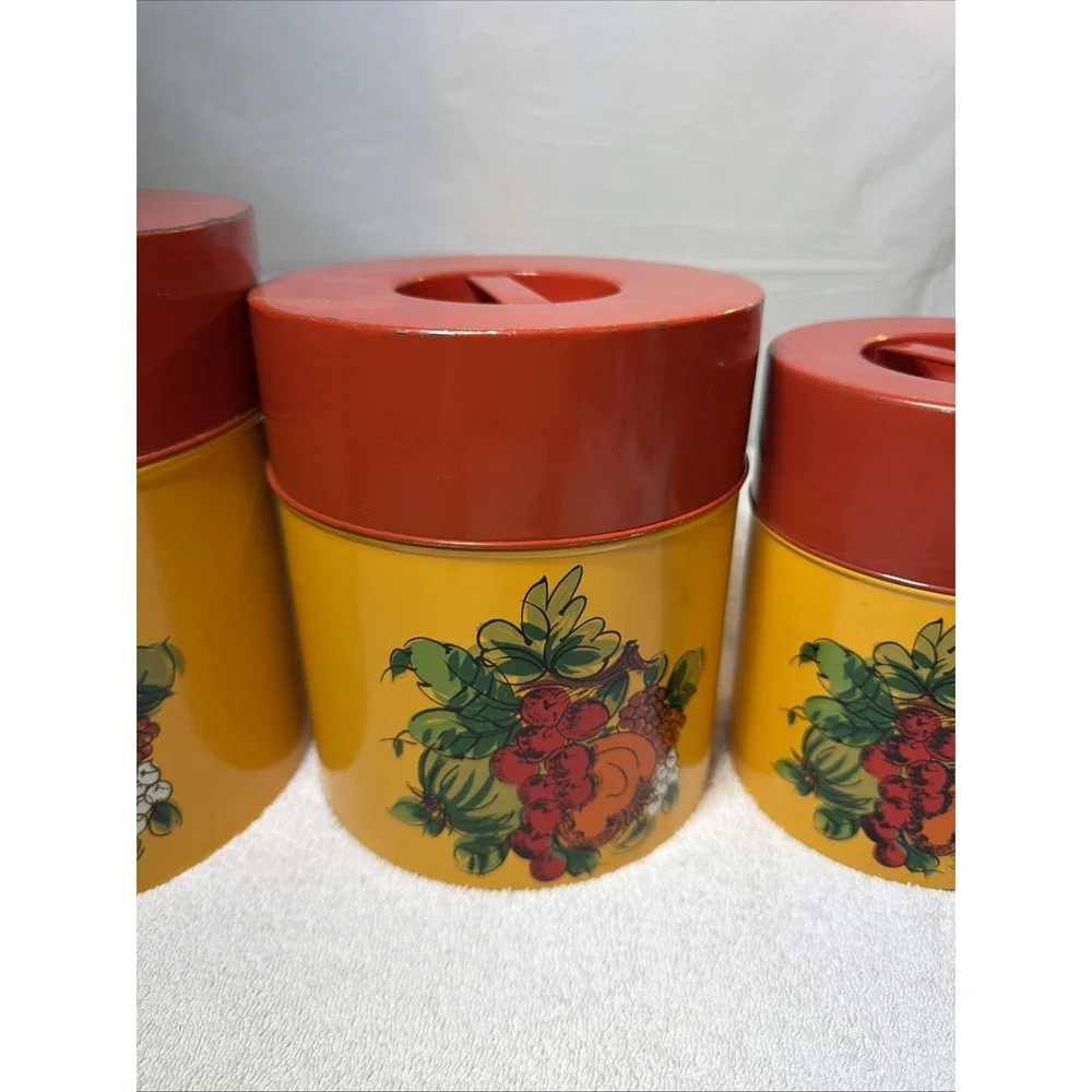 Vintage/Retro Metal Canister Set 4pc Yellow/Red Floral w/ Lids 16 oz